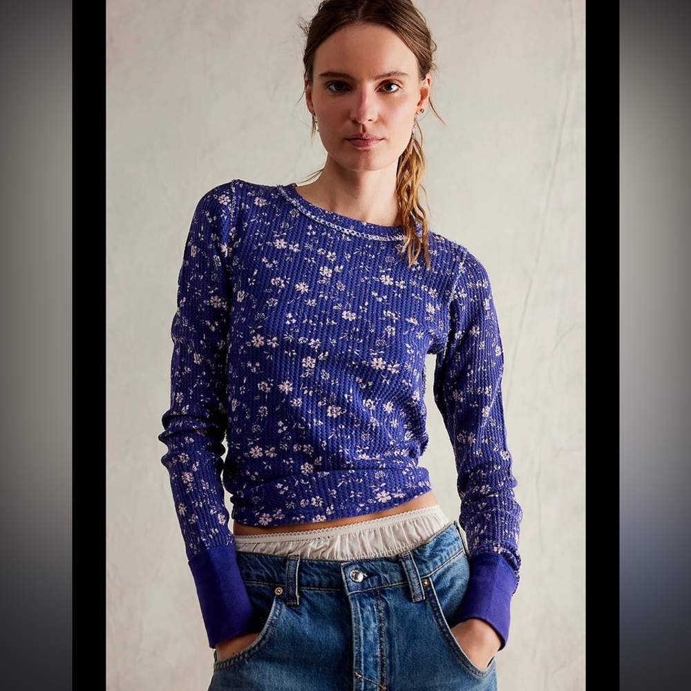 We The Free Royal Blue Floral Ribbed Long Sleeve Tee